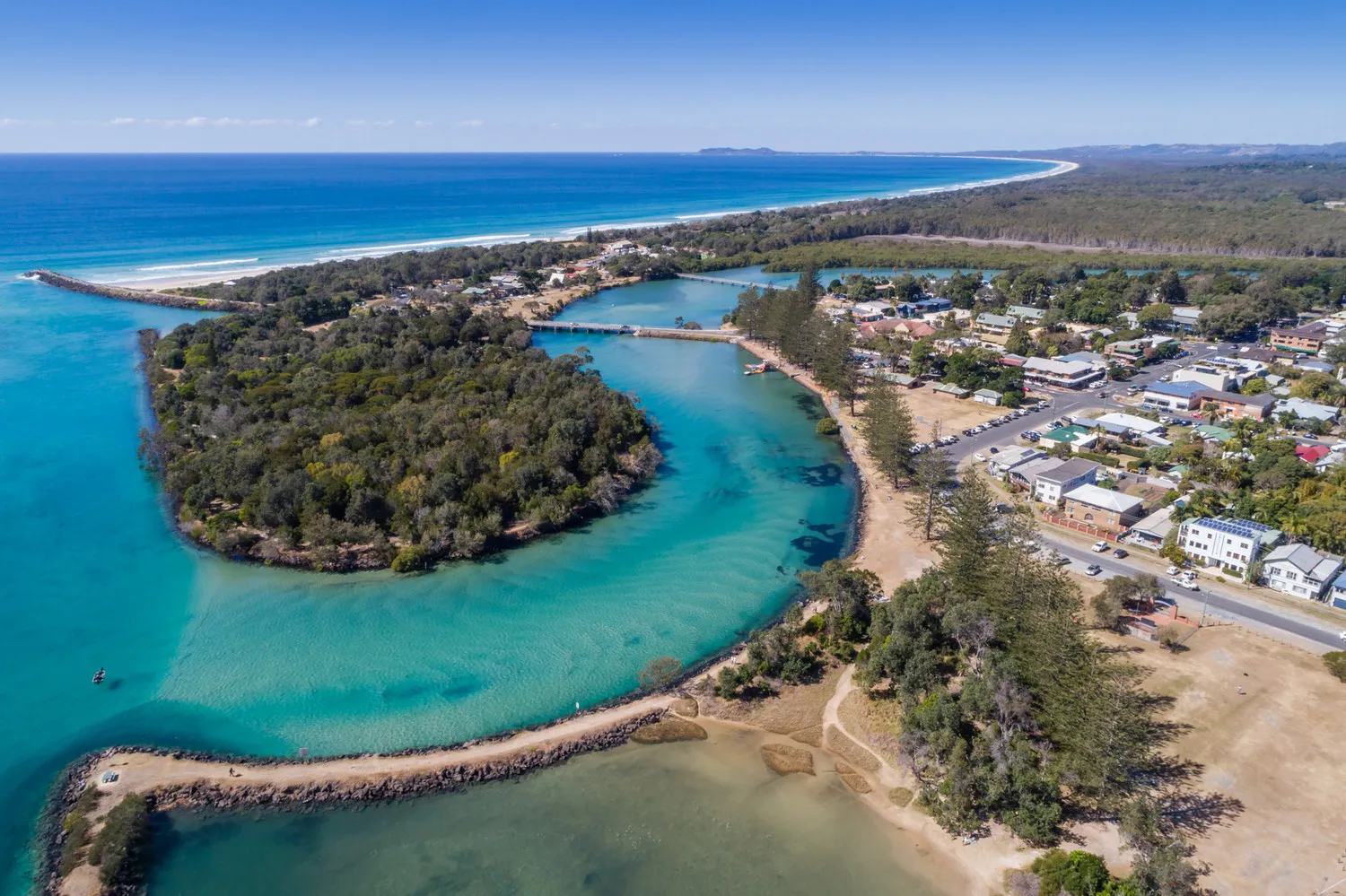 Brunswick Heads from the air, where the river meets the sea